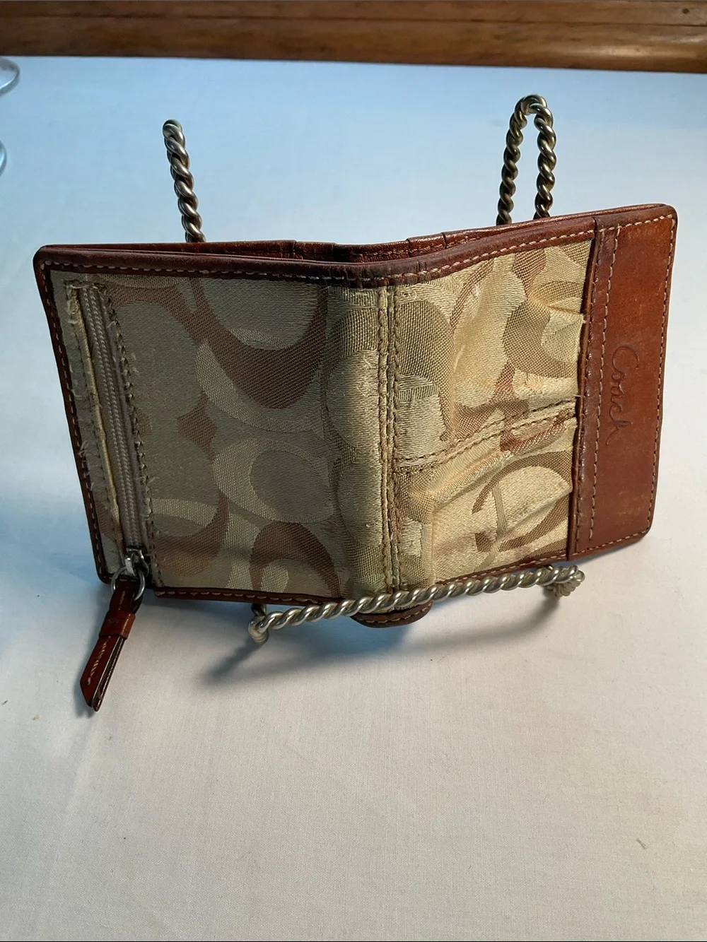 Coach Brown Signature Canvas Card Holder with Leather Trim